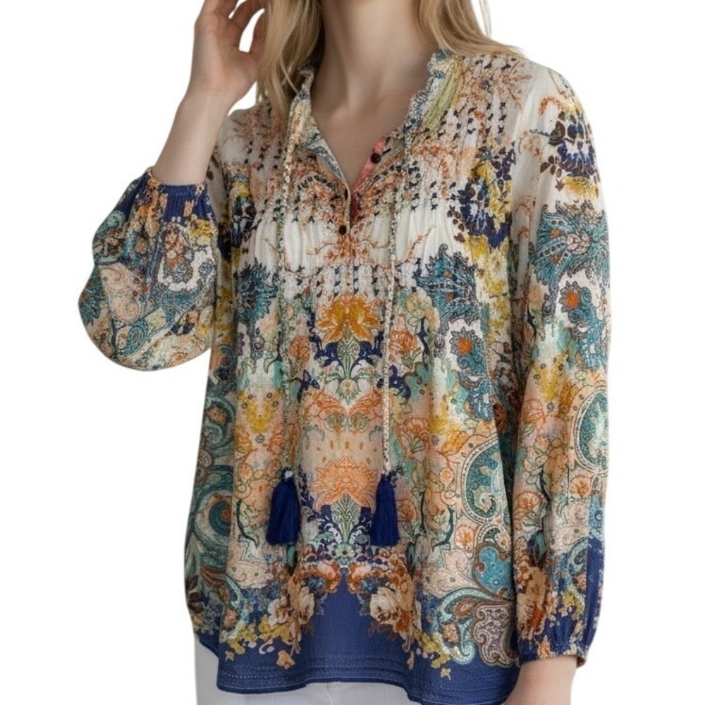 LOLA AUSTRALIA Bohemian Tassel‎ Tie L/S Boho Top Blouse Medium
